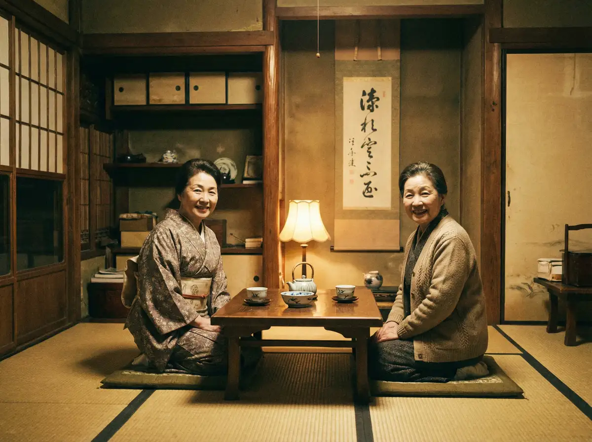 两位优雅的 豪利777平台 在日式茶室中品茶交谈